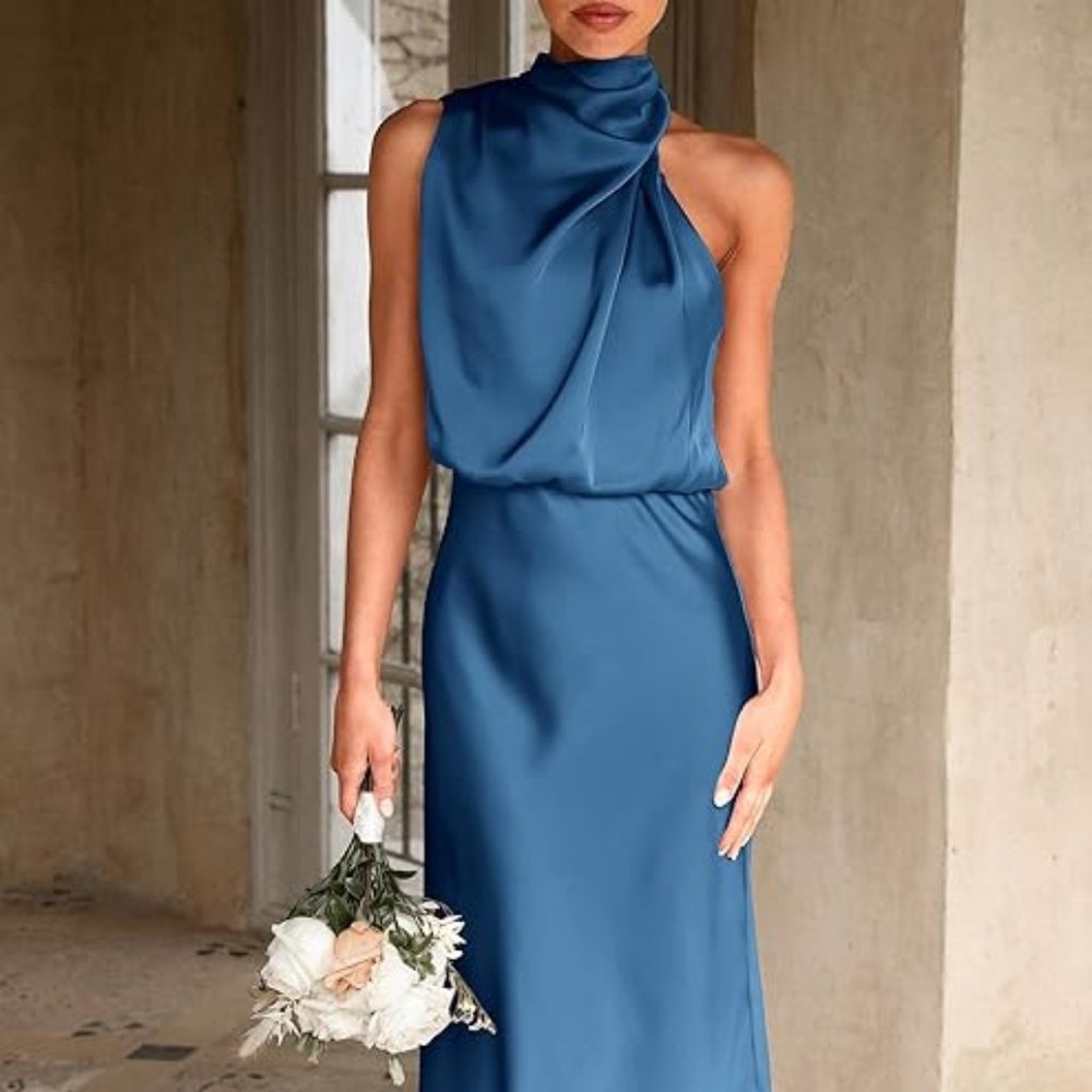 Pretty Garden (Amazon) Satin  Sleeveless Mock Neck Midi Dress